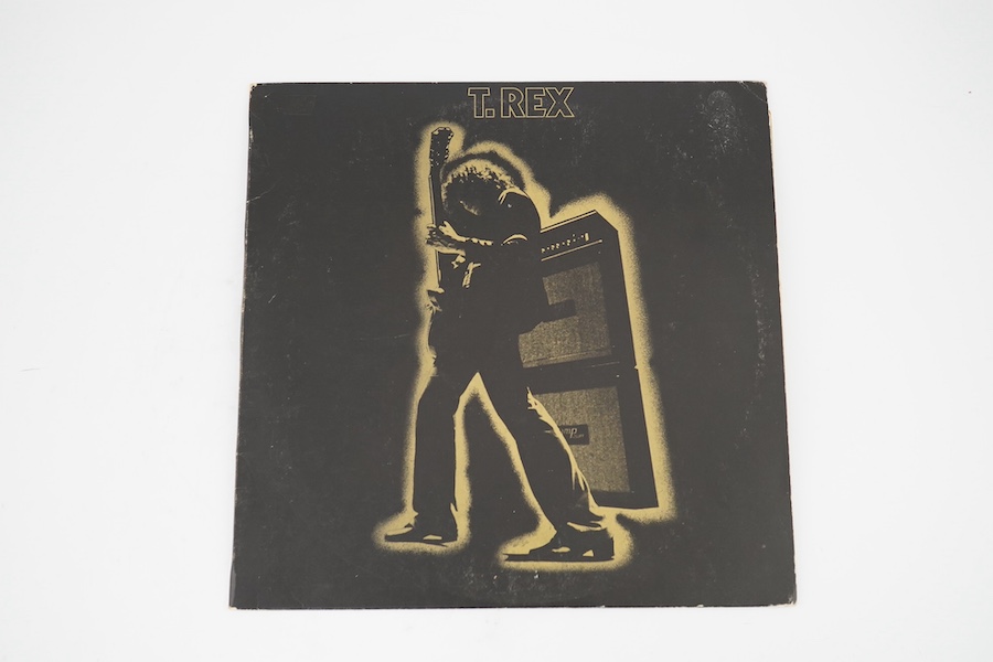 Six T. Rex LP record albums; Electric Warrior on Fly HIFLY6 with inner sleeve and non-stickered cover and another (both missing poster), T.Rex HIFLY2 in semi gate fold cover, The Slider, Futuristic Dragon, Ride a White S